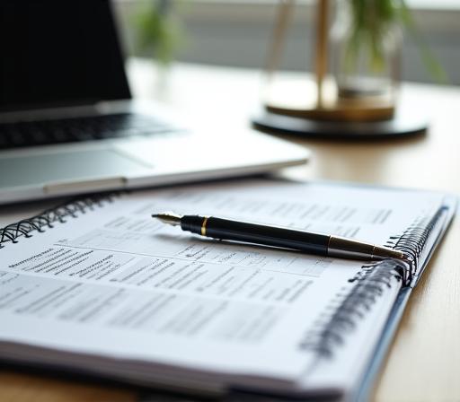 Professional workspace with legal documents and laptop